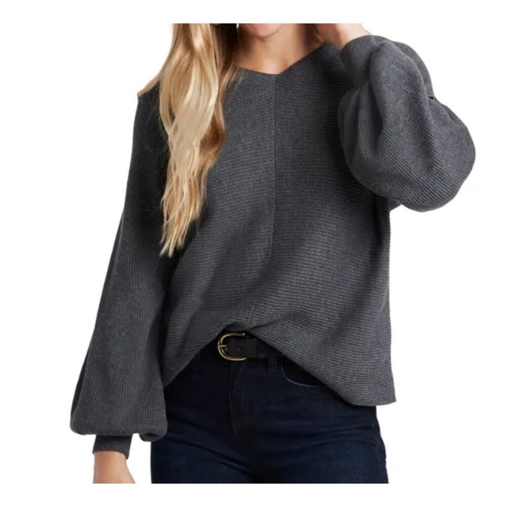 1.STATE Ribbed Balloon Sleeve Sweater Womens Small Gray Cotton - Picture 2 of 9